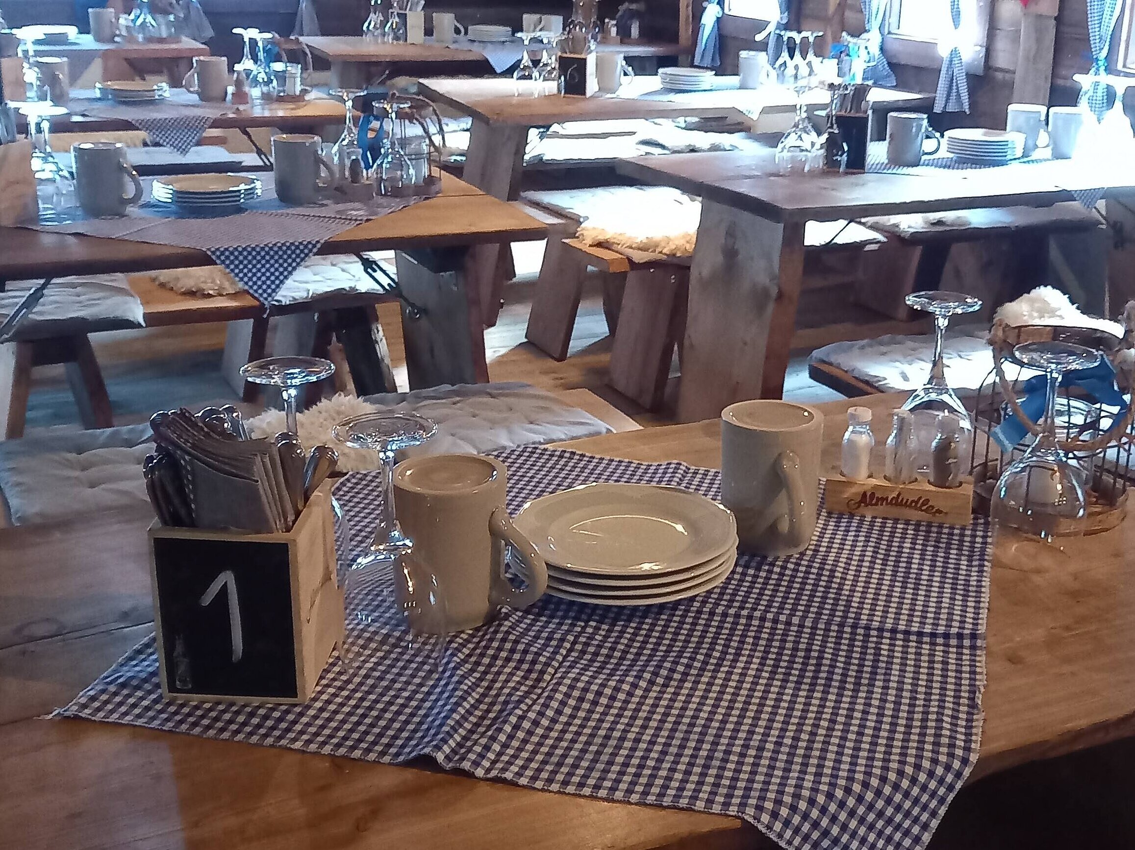 Long wooden tables with tableware and checkered cloths at Maritim Alm next to Maritim Hotel Stuttgart