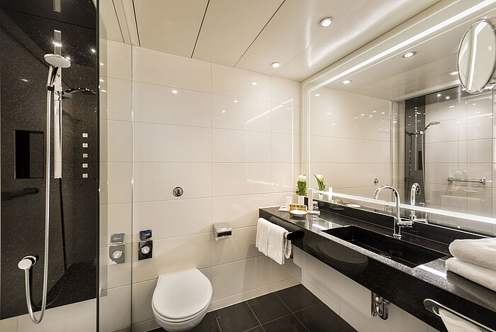 Baño moderno con ducha y espejo grande en el Hotel Maritim Bonn, elegantemente diseñado con materiales de alta calidad.
