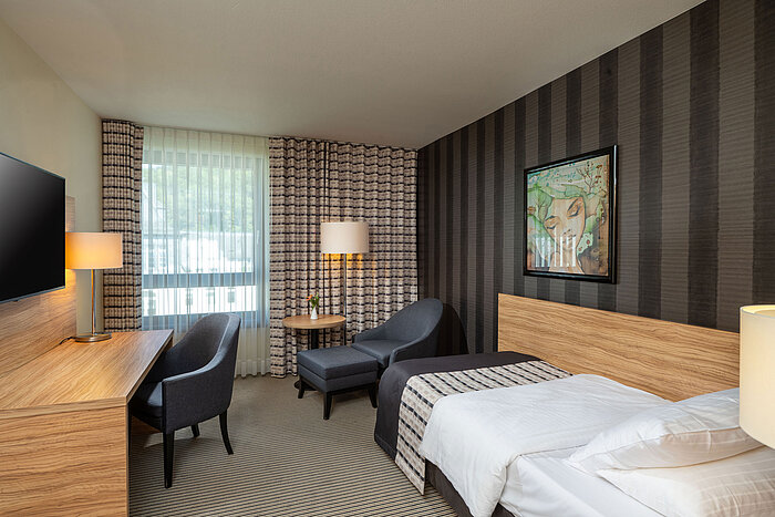 Classic Single room Classic Single Room at Maritim Hotel Königswinter with a single bed, seating area and large window.