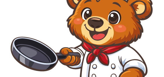 Maritim bear as a chef Cartoon bear in a chef outfit holding a frying pan and wearing a Maritim chef’s hat.
