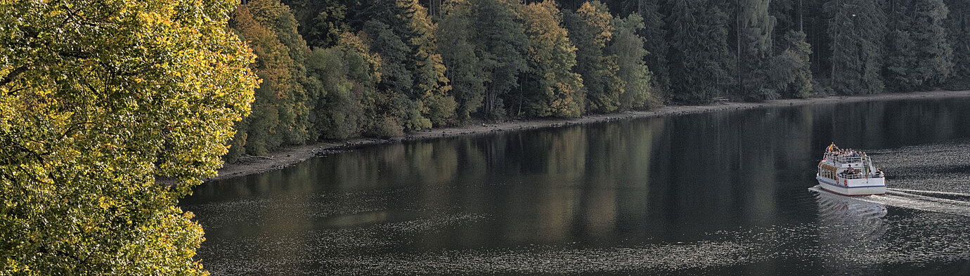 Vista sul lago Titisee con rive boscose e paesaggio autunnale nella Foresta Nera.