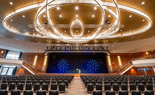 Ampia sala da ballo con palco e maestoso lampadario al Maritim Hotel Düsseldorf