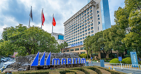 Exterior view of the Maritim Hotel with large logo, manicured greenery and flags at the entrance