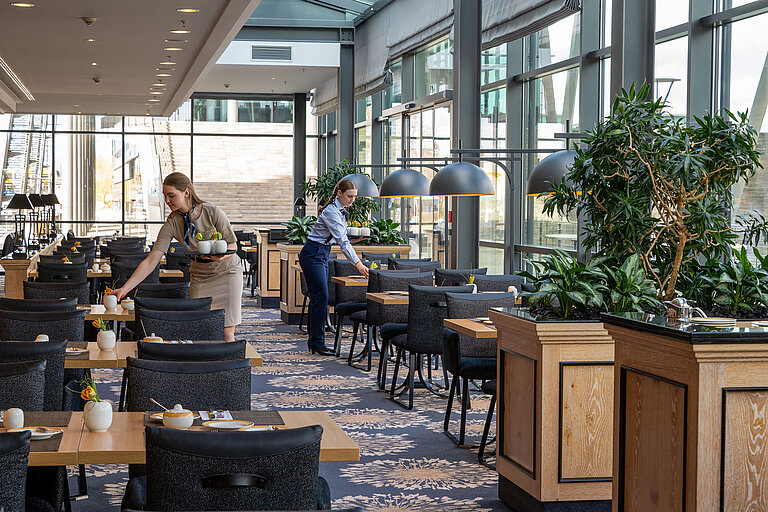 Ristorante Wintergarten Interno luminoso del ristorante Wintergarten del Maritim Hotel Dresden con grandi finestre e tavoli apparecchiati.
