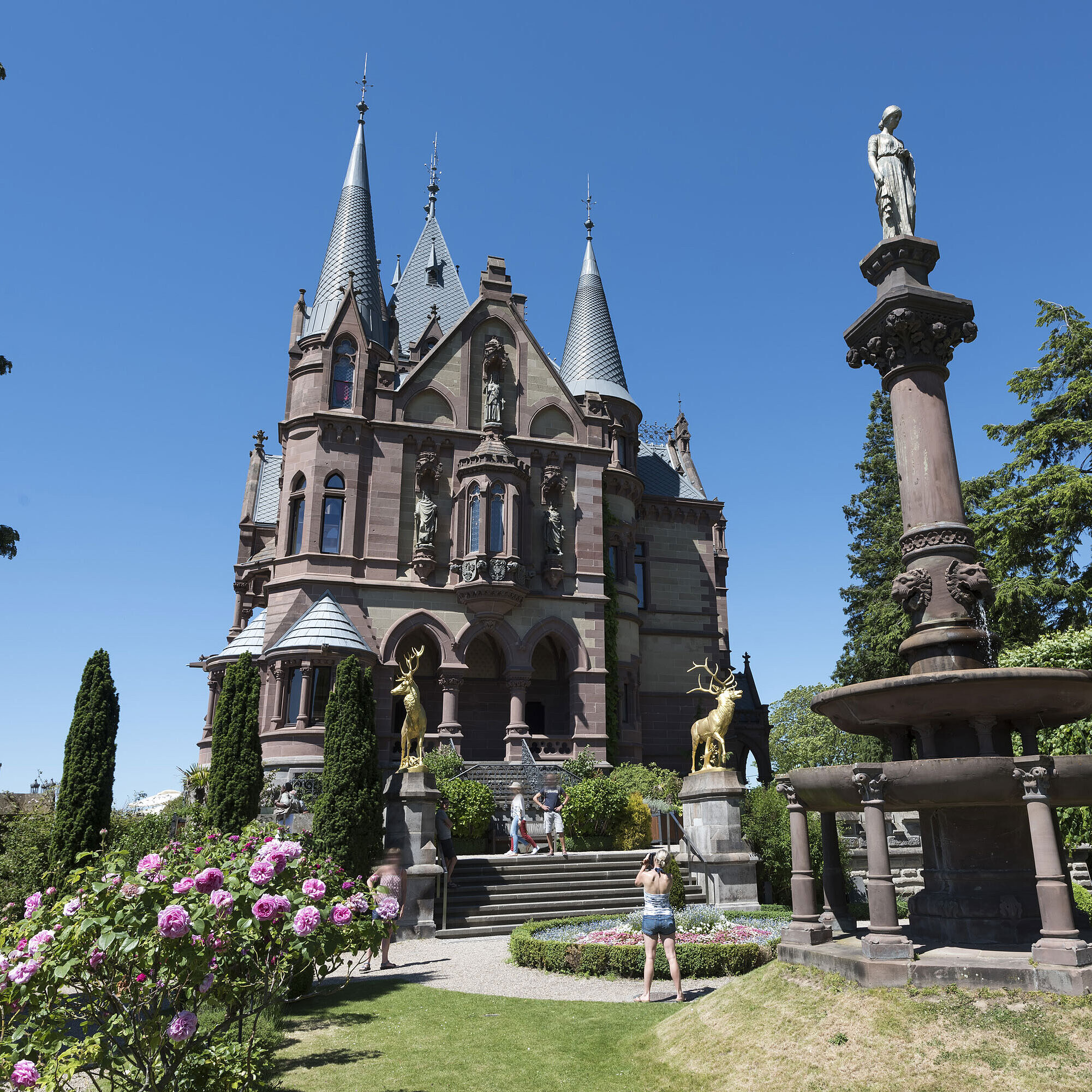Castle Drachenburg The magnificent Drachenburg Castle with an artistic fountain and blooming garden.