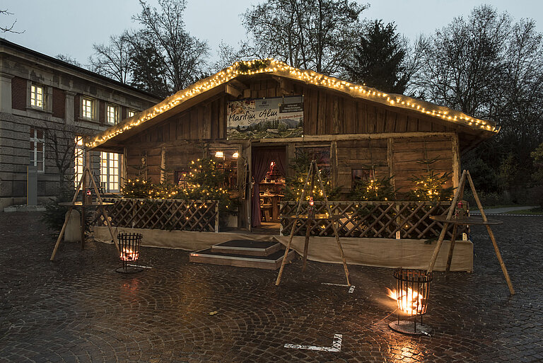 Maritim Alm Stuttgart at dusk with Christmas lights, fir trees and fire baskets in front of Maritim Hotel