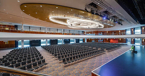 Ampia sala da ballo con palco, galleria e illuminazione moderna al Maritim Hotel Düsseldorf