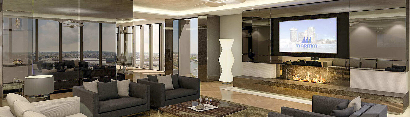 Elegante lounge del Maritim Hotel Amsterdam con camino e vista panoramica