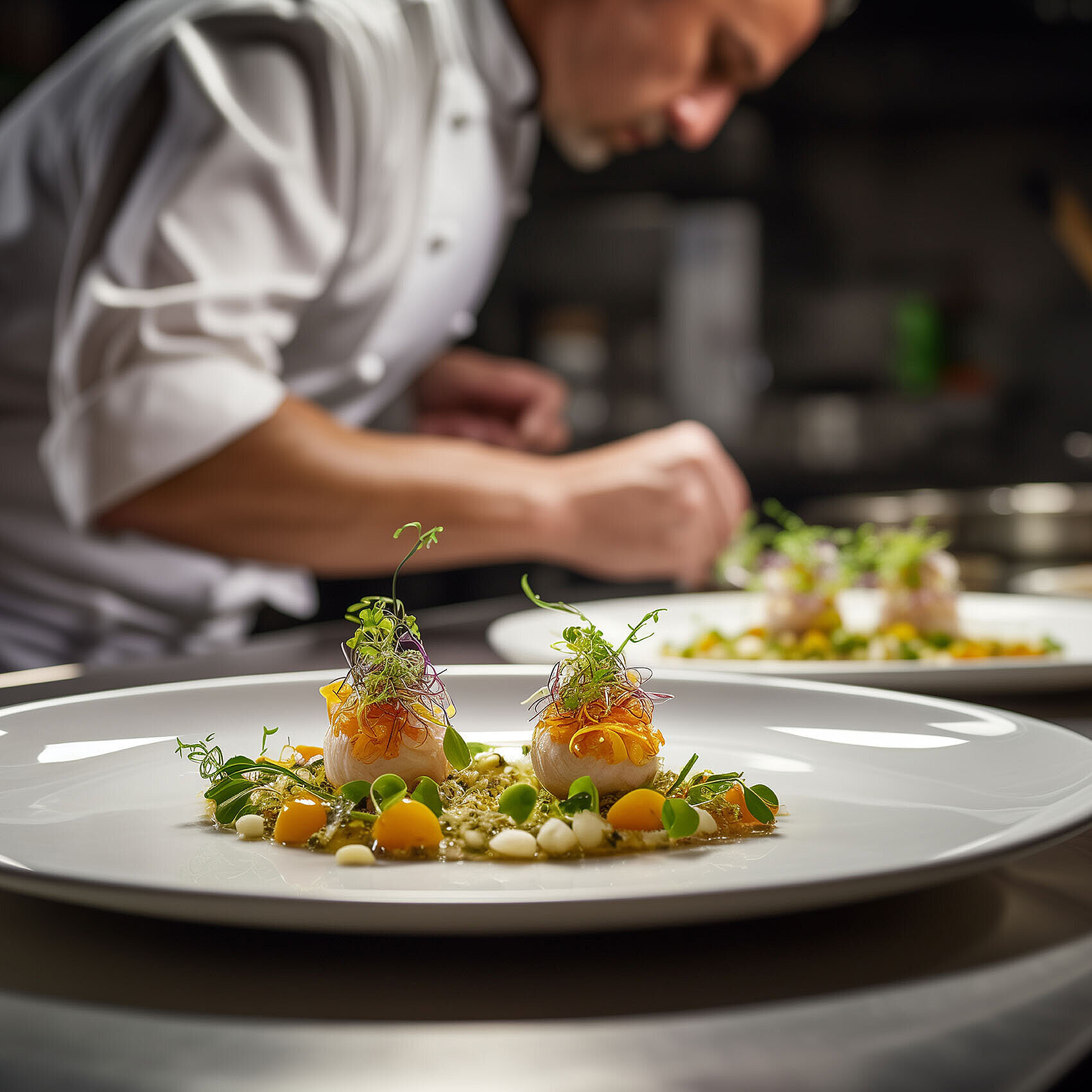Gourmet chef artfully plating a fine dish on a white plate