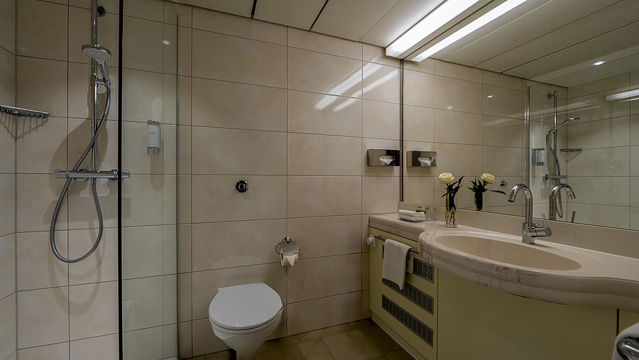 Bagno moderno con doccia, doppio lavabo e grande specchiera, elegante e funzionale