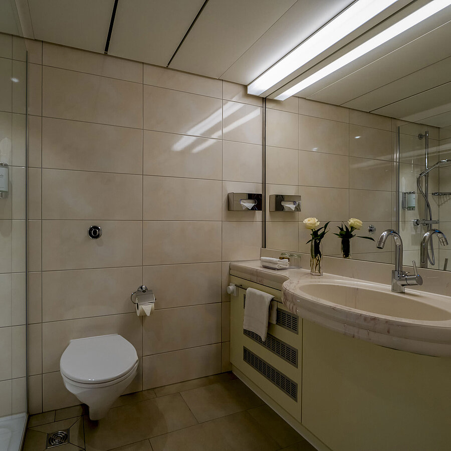 Bagno moderno con doccia, doppio lavabo e grande specchiera, elegante e funzionale