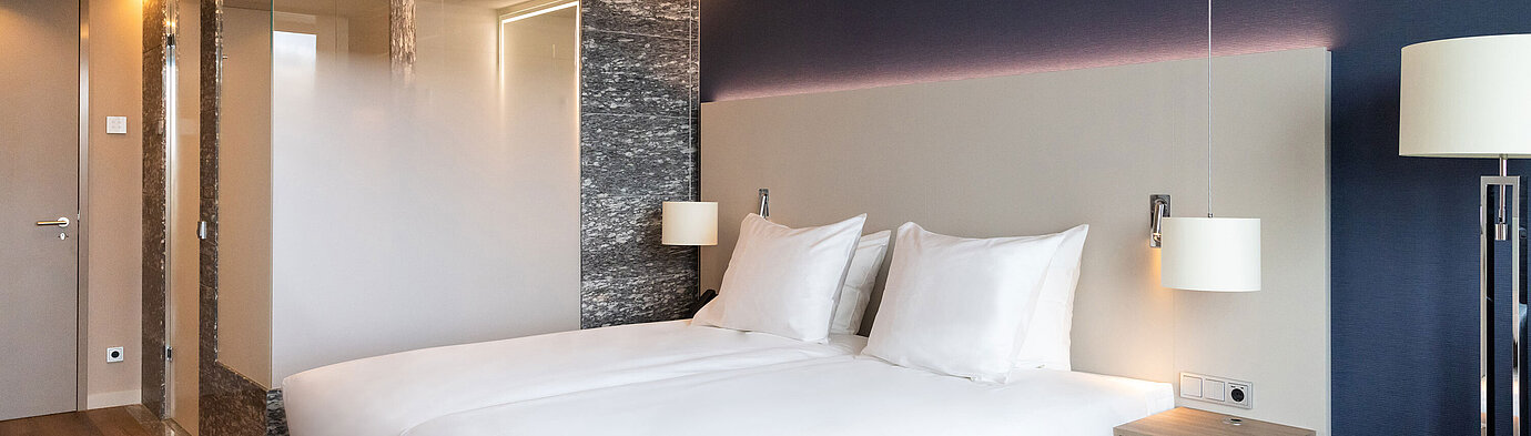 Camera doppia luminosa al Maritim Hotel Amsterdam con interni moderni e bagno in vetro