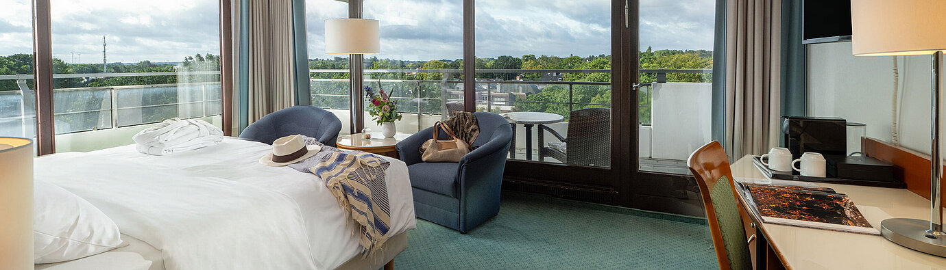 SuperiorPlus room facing the park with double bed, seating area and large windows overlooking the greenery