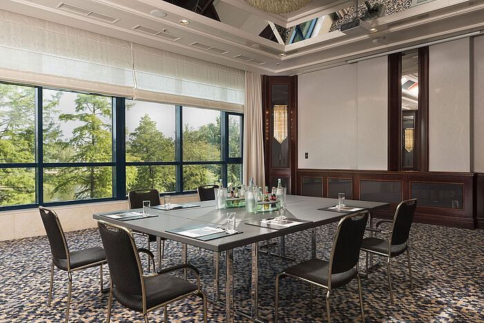 Sala de conferencias luminosa en Maritim Hotel Hannover con ventanales grandes, vista verde y diseño elegante.