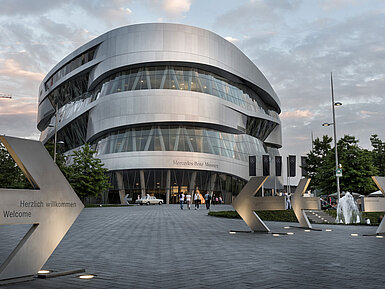 Exterior view of the Mercedes-Benz Museum in Stuttgart with modern architecture