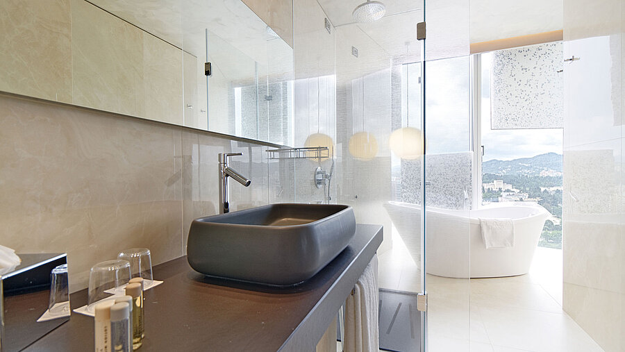 Bright bathroom with designer basin, freestanding bathtub and scenic view at Maritim Hotel Plaza Tirana