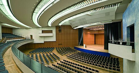 Einstein Saal at Maritim Hotel Ulm with stage and presentation area.