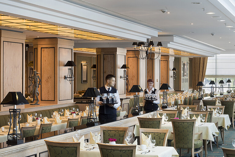 Restaurant 'Wintergarten' at Maritim Hotel Dresden with set tables and friendly staff.