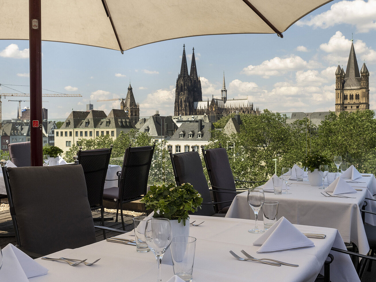 Terrazza sul tetto con vista sul Reno e sul Ponte Hohenzollern, con tavoli apparecchiati sotto gli ombrelloni.