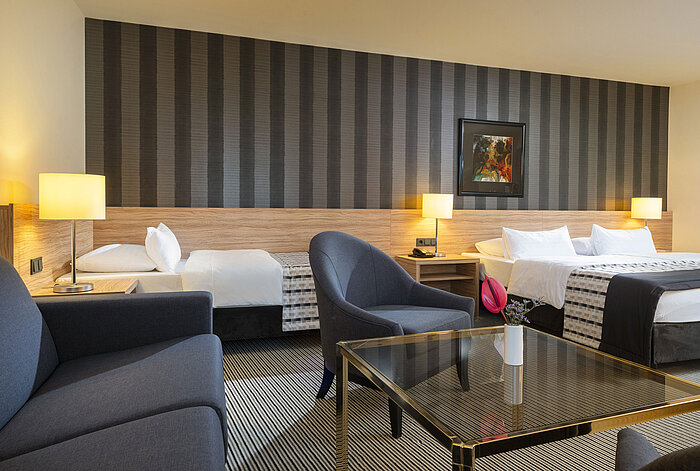 Habitación familiar moderna con diseño elegante y zona de estar acogedora en el Maritim Hotel Königswinter.