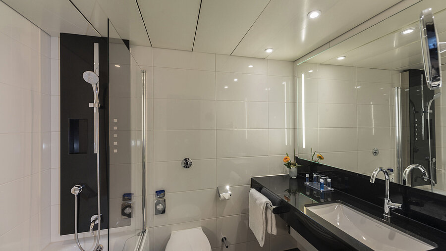 Baño moderno con ducha espaciosa, lavabo elegante y acabados de alta calidad en el Maritim Hotel Königswinter.