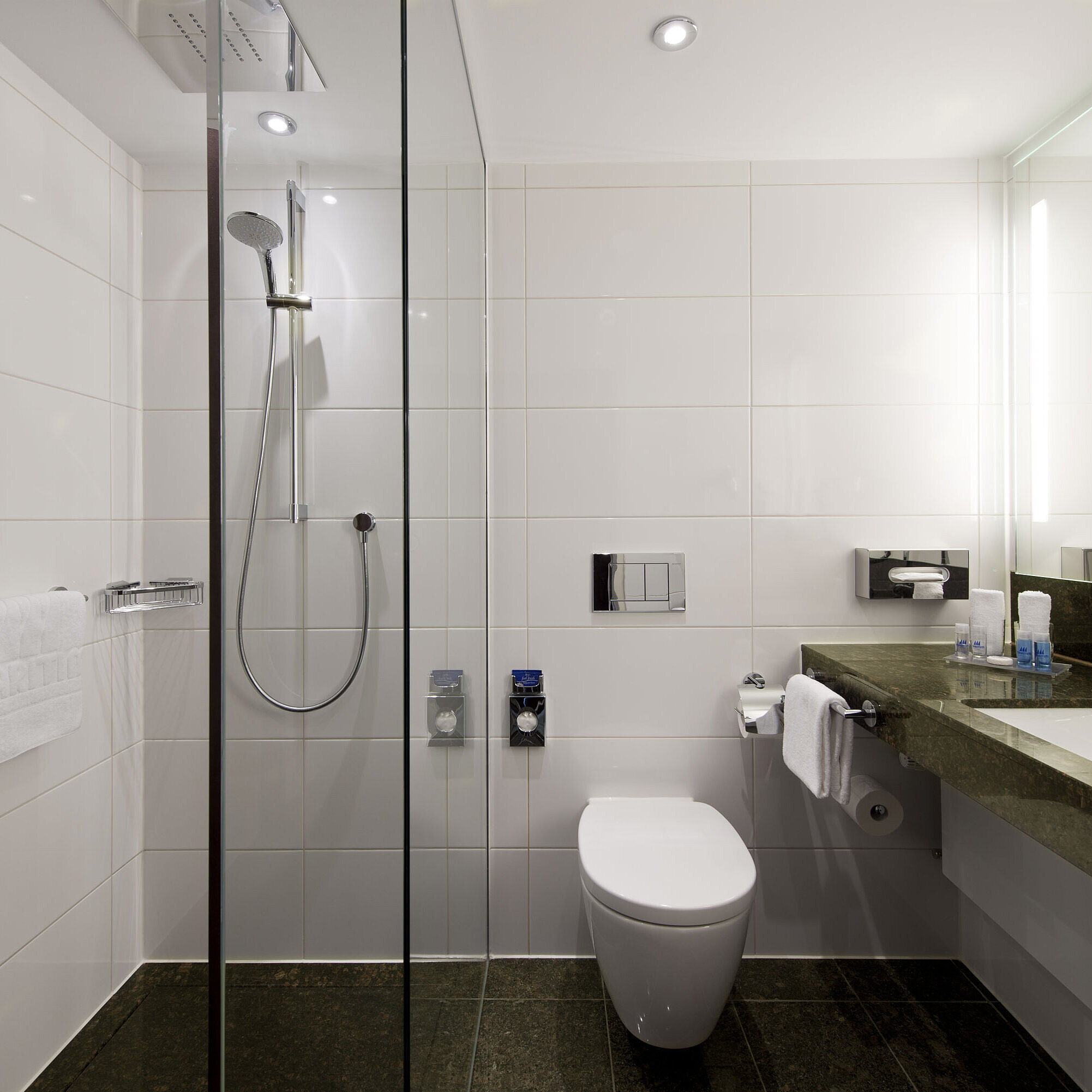 Baño elegante del Hotel Maritim Darmstadt con ducha tipo lluvia espaciosa, diseño moderno y encimera de granito oscuro.