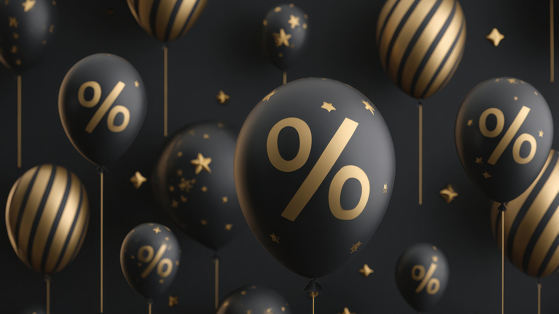 Black Weekend at Maritim Hotels. Black balloons with golden percent signs. 