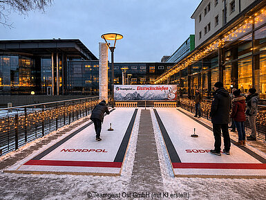 Winter-themed ice stock rink outdoors with fairy lights and guests enjoying ice stock sport in a festive atmosphere.